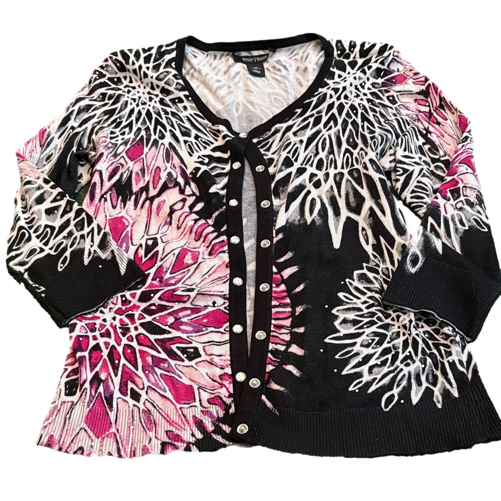 White House Black Market Embellished Geometric Floral Cardigan Black Pink M